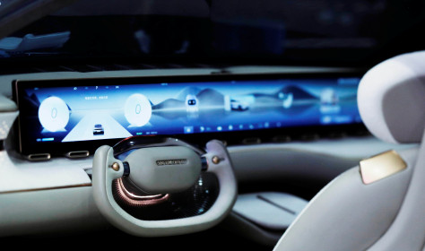 Interior of the SKYWORTH Y with a view of the large flat screen on the dashboard
