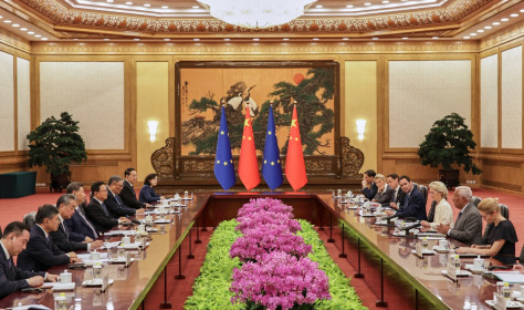 Chinese President Xi Jinping, fourth left, listens to European Council President António Costa, second right, in presence of European Commission President Ursula von der Leyen, third right, and European Union’s foreign policy chief, Kaja Kallas during the opening remarks of the European Union-China Summit in Beijing, China, Thursday, July 24, 2025.