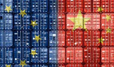 Stacked container showing a projection of European and Chinese flag on the front