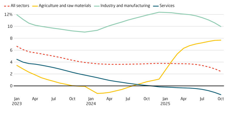 Investments have remained significantly higher in manufacturing than in other sectors. Fixed asset investment by sector, yoy (rolling 12-month average).