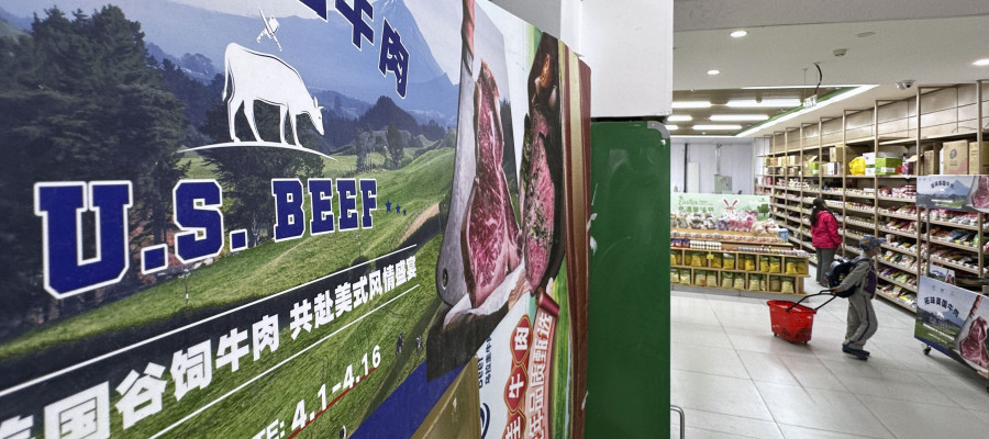 A billboard advertising U.S. beef at a supermarket in Beijing