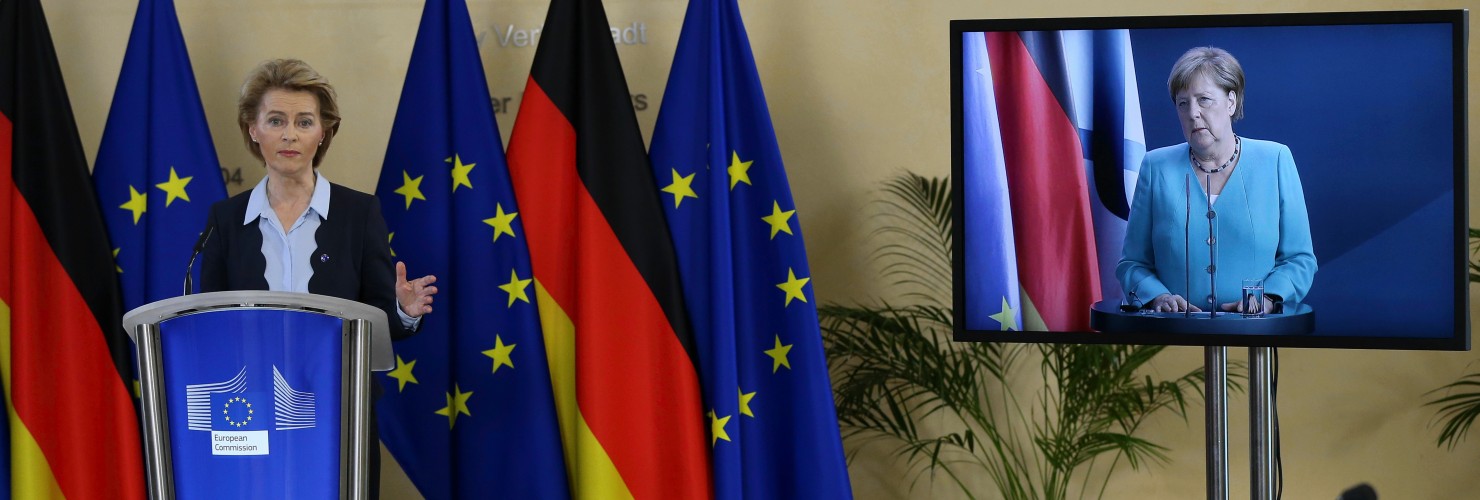 EU Commission President Von der Leyen and Council President Merkel address the press on 2 July 2020