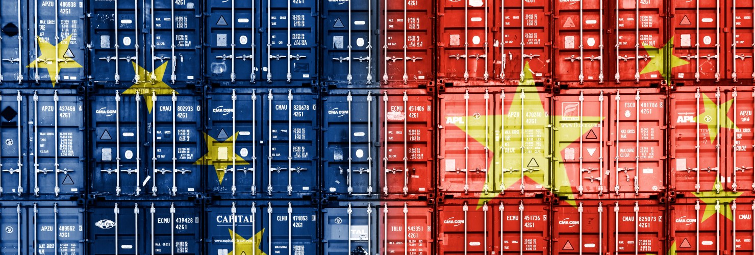 Stacked container showing a projection of European and Chinese flag on the front