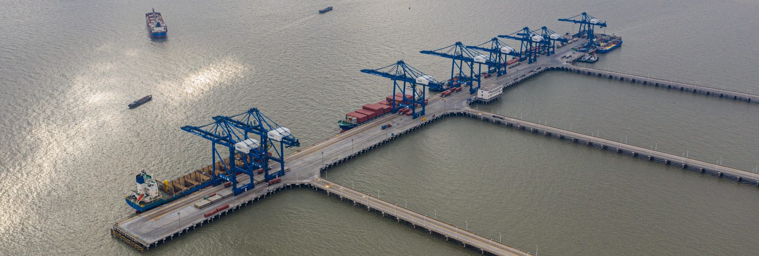 Aerial photo taken on Jan. 20, 2021 shows the operation area of Nantong Port in east China's Jiangsu Province.