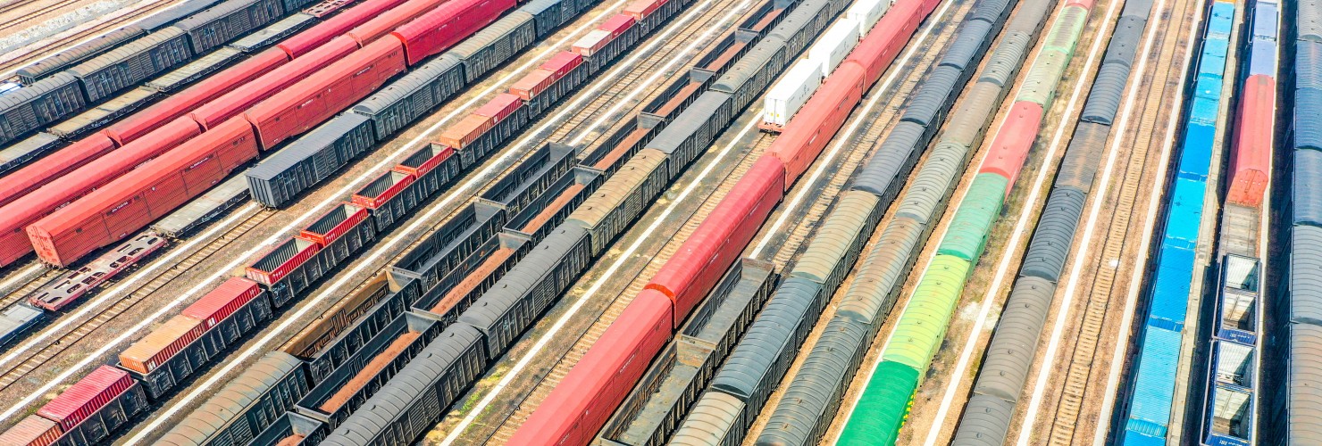 Aerial view of colorful freight trains in North China