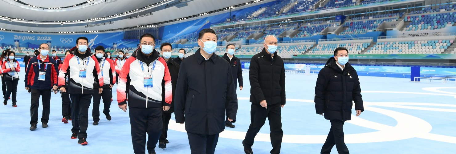 Chinese President Xi Jinping, also general secretary of the Communist Party of China Central Committee and chairman of the Central Military Commission, visits the National Speed Skating Oval in Beijing