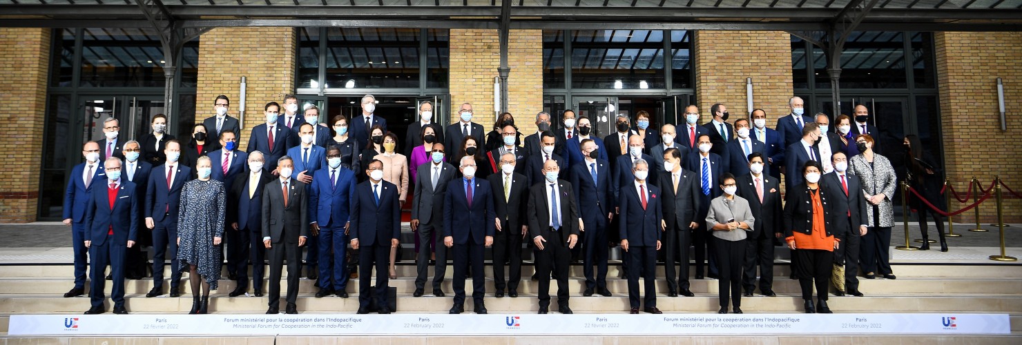 High Representative of the European Union for Foreign Affairs and Security Policy Josep Borrell, French Foreign Minister Jean-Yves Le Drian and delegates pose for a photo during the Indo-Pacific Ministerial Cooperation Forum 