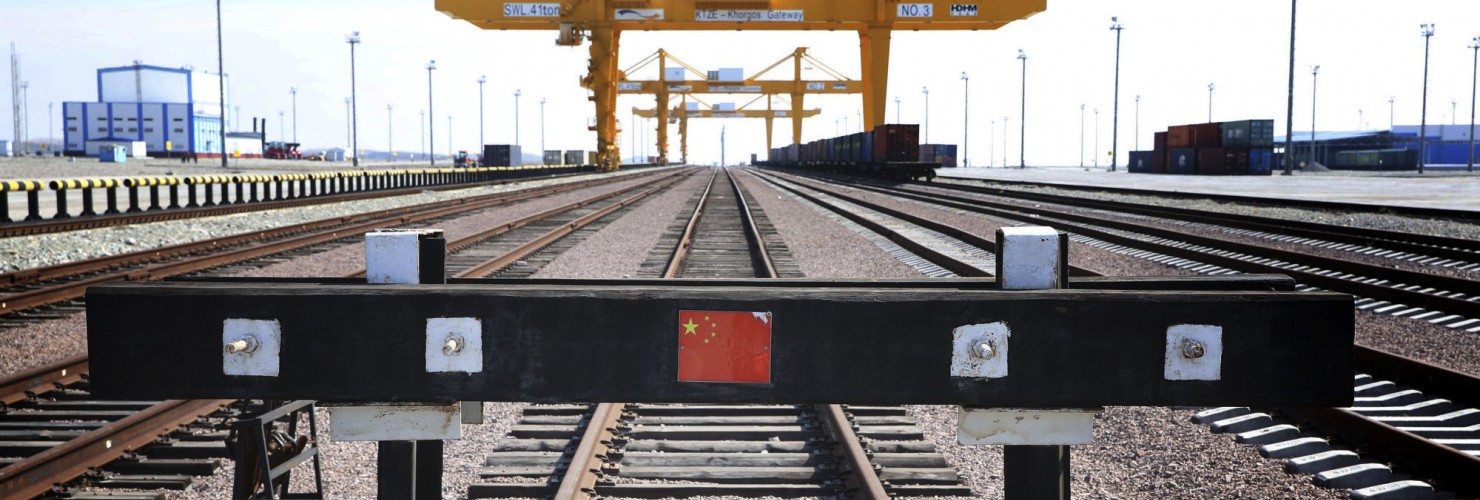 Chinese flag is seen on the end of a railway track at the Khorgos Gateway, one of the world's largest dry dock in a remote crossing along Kazakhstan's border with China near Khorgos.