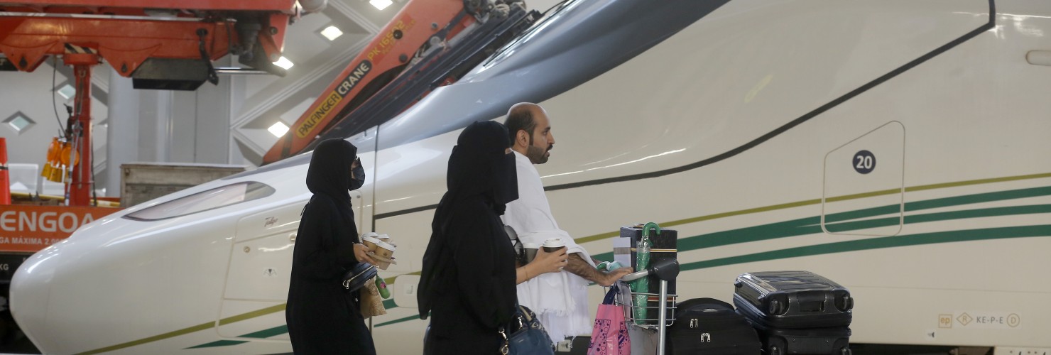 Haramain High-Speed Railway train in the holy city of Medina, Saudi Arabia, Thursday, Aug. 8, 2019