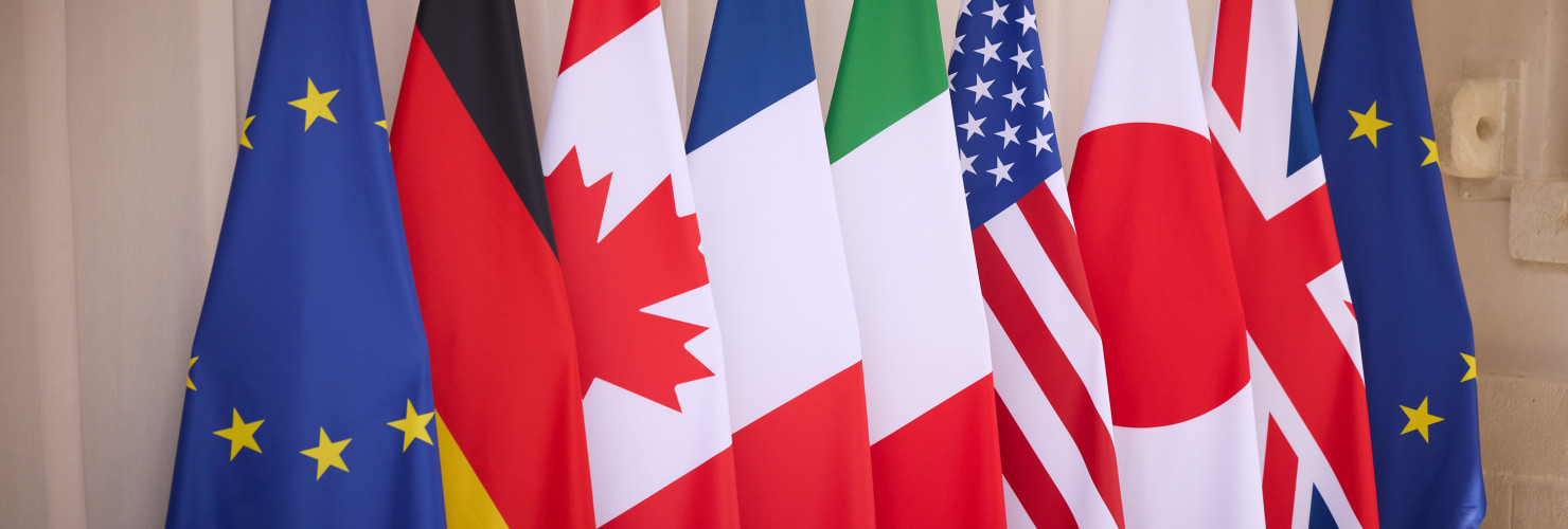 Flags of member countries of the European Council at the 50th G7 summit in Brindisi, Apulia, region of Italy on June 13, 2024.