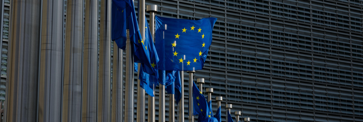 European flags in front of the European Commission headquarters in Brussels.