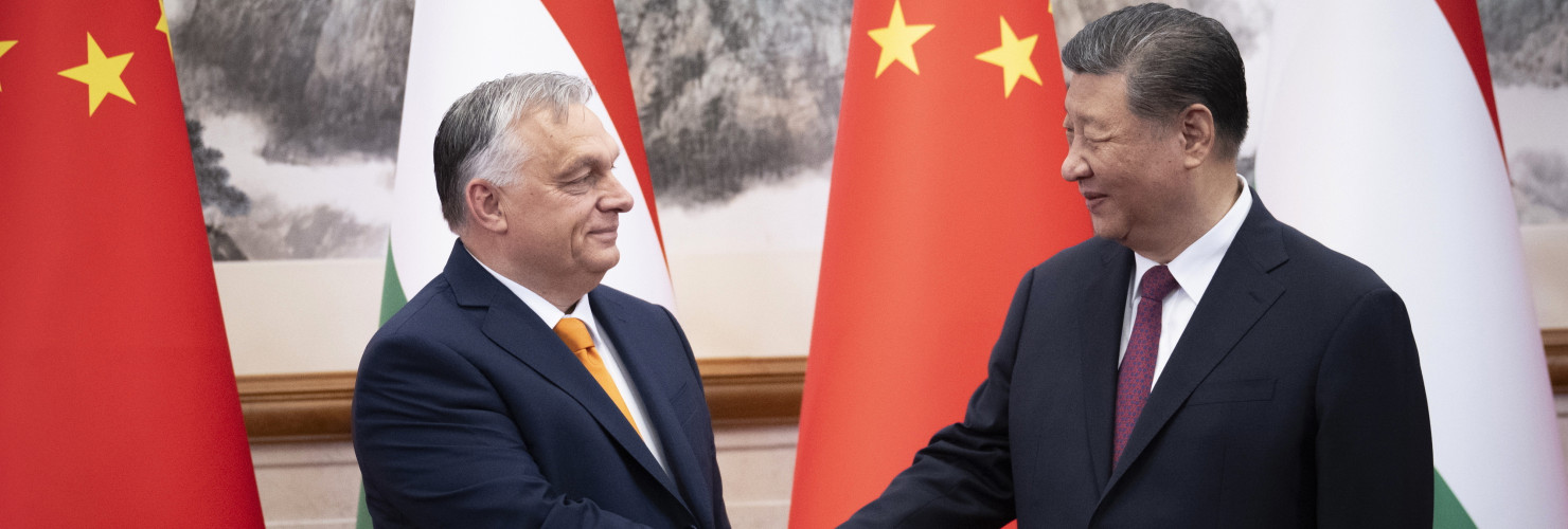 In this picture issued by the Hungarian Prime Minister's Press Office, Hungarian Prime Minister Viktor Orban, left, and Chinese President Xi Jinping shake hands before a meeting in Beijing, China, Monday, July 8, 2024. 