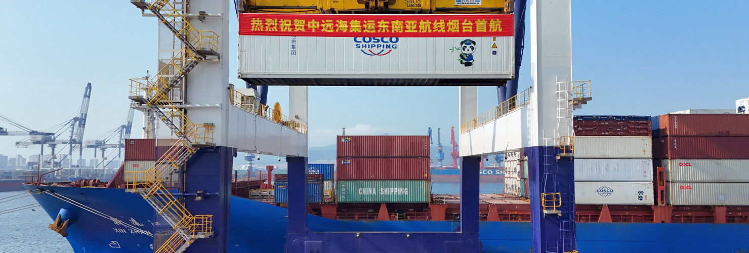 The first cargo ship of COSCO Shipping's "Yantai - Southeast Asia" container line loads containers at Yantai Port in Yantai, Shandong province, China, August 15, 2024.