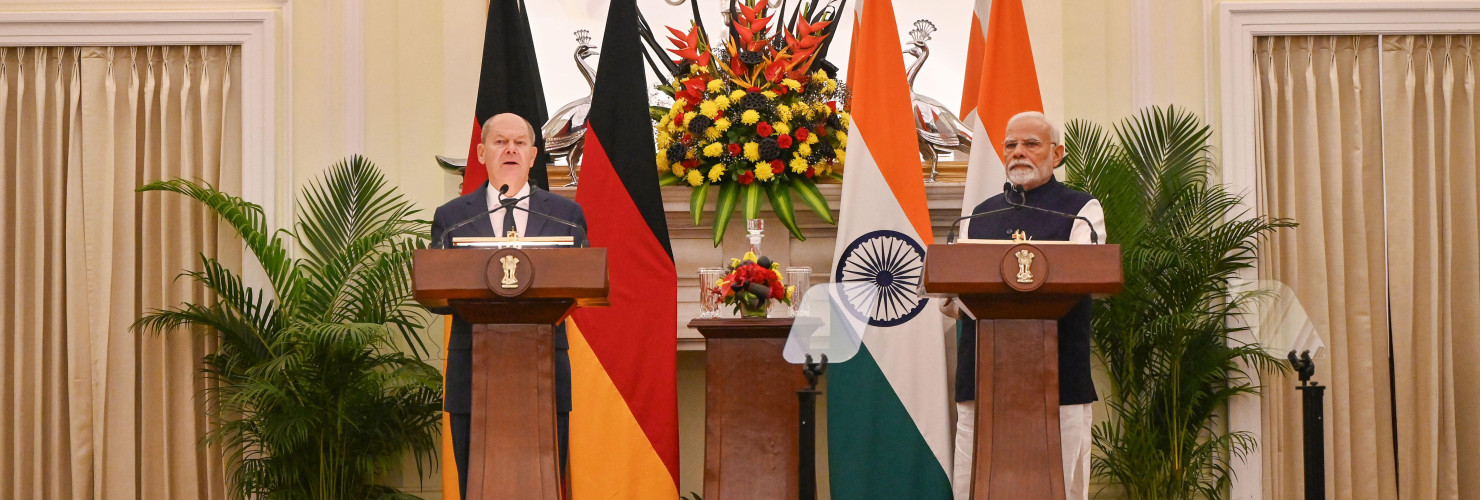 German Chancellor Olaf Scholz with Prime Minister Narendra Modi attend a joint press conference, at Hyderabad House, on October 25, 2024 in New Delhi, India.