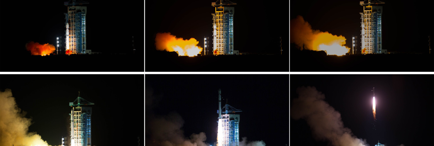 his combined photo shows China launching the world's first quantum satellite on top of a Long March-2D rocket from the Jiuquan Satellite Launch Center in Jiuquan, northwest China's Gansu Province, Aug. 16, 2016. 
