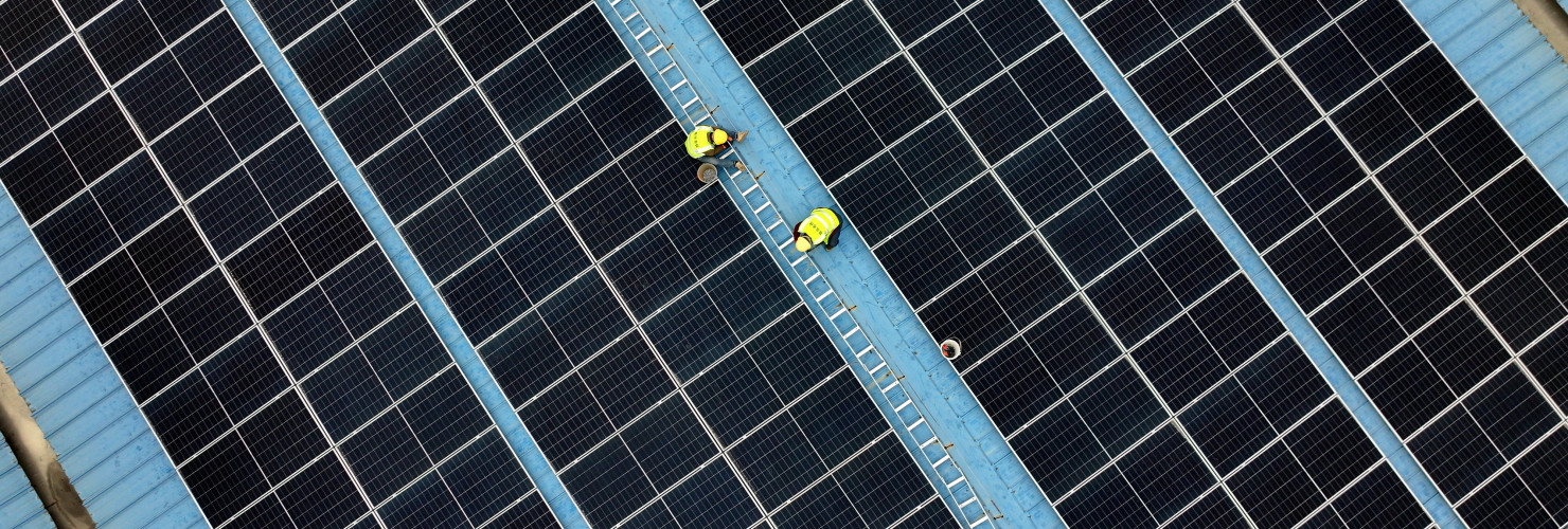 Construction workers install photovoltaic modules on the roof of Tongwei Electric Haian Co., LTD in Hai 'an, Jiangsu province, China, November 19, 2024.
