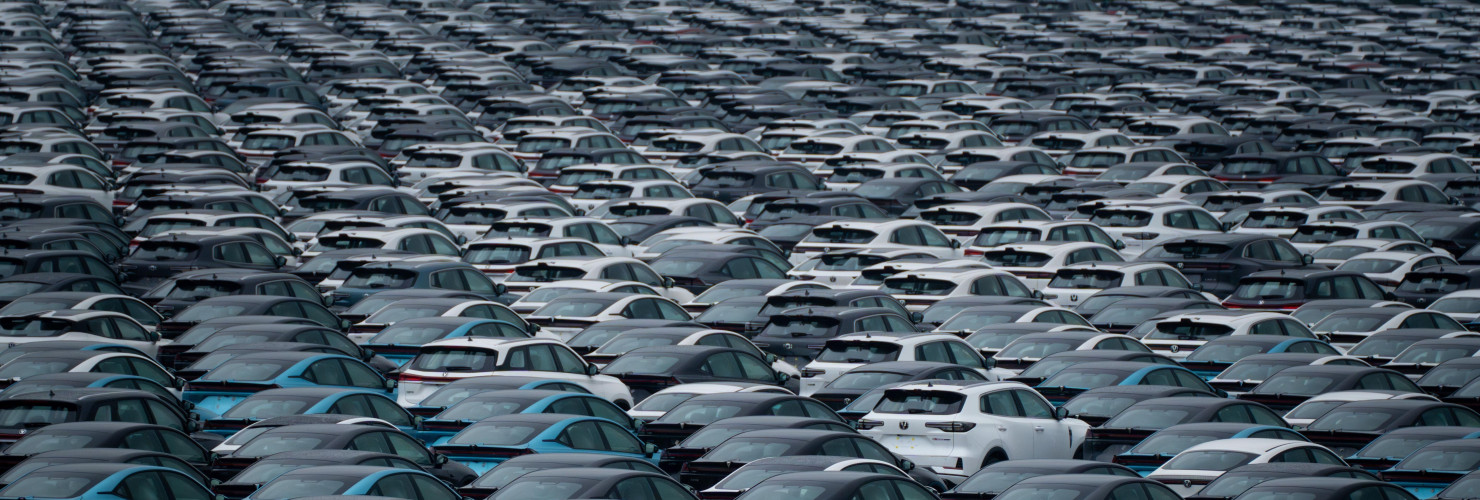 Aerial view of new cars waiting for transportation at the logistics center of CHANGAN Automobile in southwest China's Chongqing Municipality