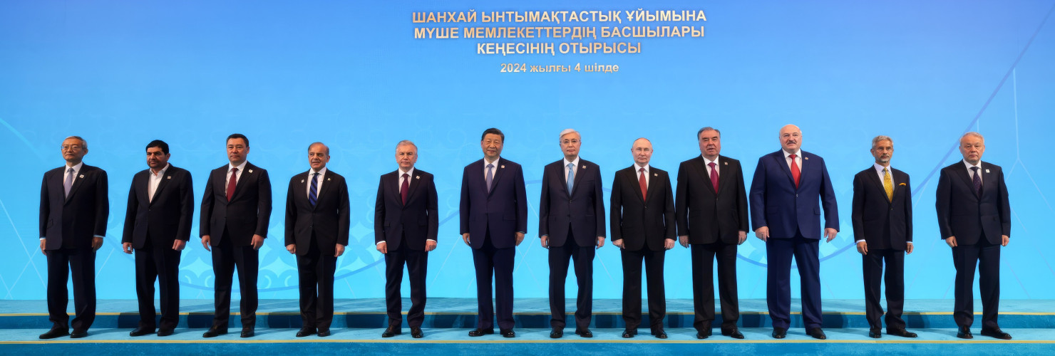 Heads of State stand for the group photo at the Shanghai Cooperation Organization Summit, July 4, 2024, in Astana, Kazakhstan.