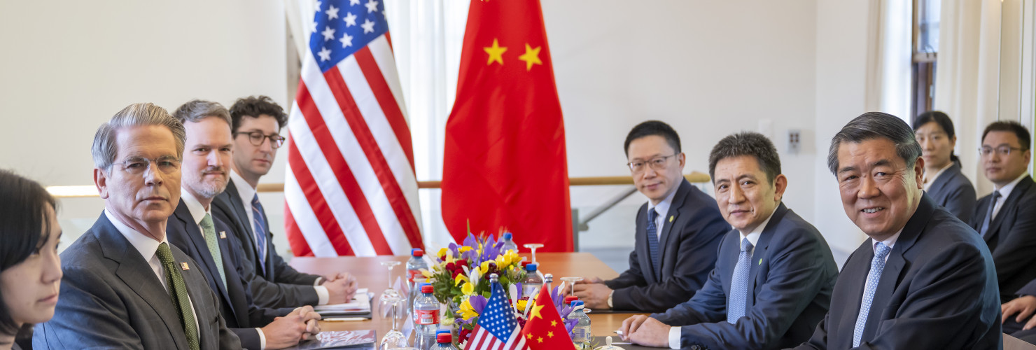 US Secretary of the Treasury Scott Bessent, US Trade Representative Jamieson Greer, Li Chenggang, China International Trade Representative (full minister rank) and Vice Minister of Commerce, Chinese Vice Premier He Lifeng, left and right, they are preparing to discuss for the second day during a bilateral meeting between the United States and China, in Geneva, Switzerland, on Sunday, May 11, 2025.