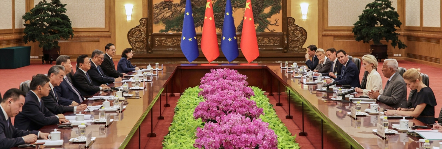 Chinese President Xi Jinping, fourth left, listens to European Council President António Costa, second right, in presence of European Commission President Ursula von der Leyen, third right, and European Union’s foreign policy chief, Kaja Kallas during the opening remarks of the European Union-China Summit in Beijing, China, Thursday, July 24, 2025.