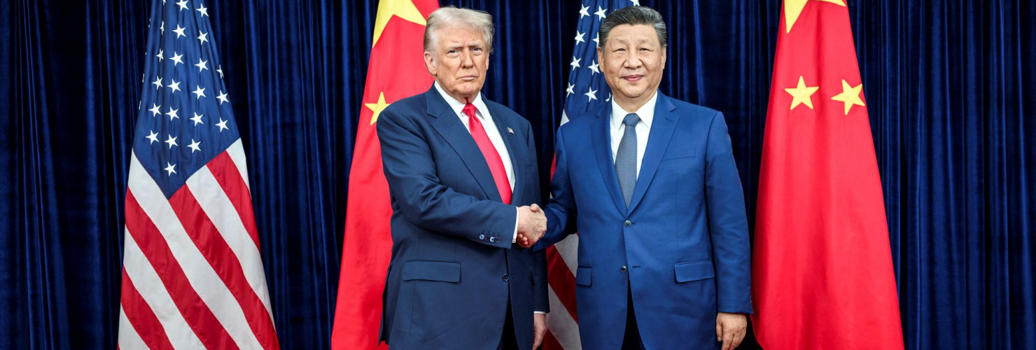 U.S. President Donald Trump, left, greets Chinese President Xi Jinping, right, before a bilateral meeting at Gimhae Air Base, October 30, 2025, in Busan, South Korea. 