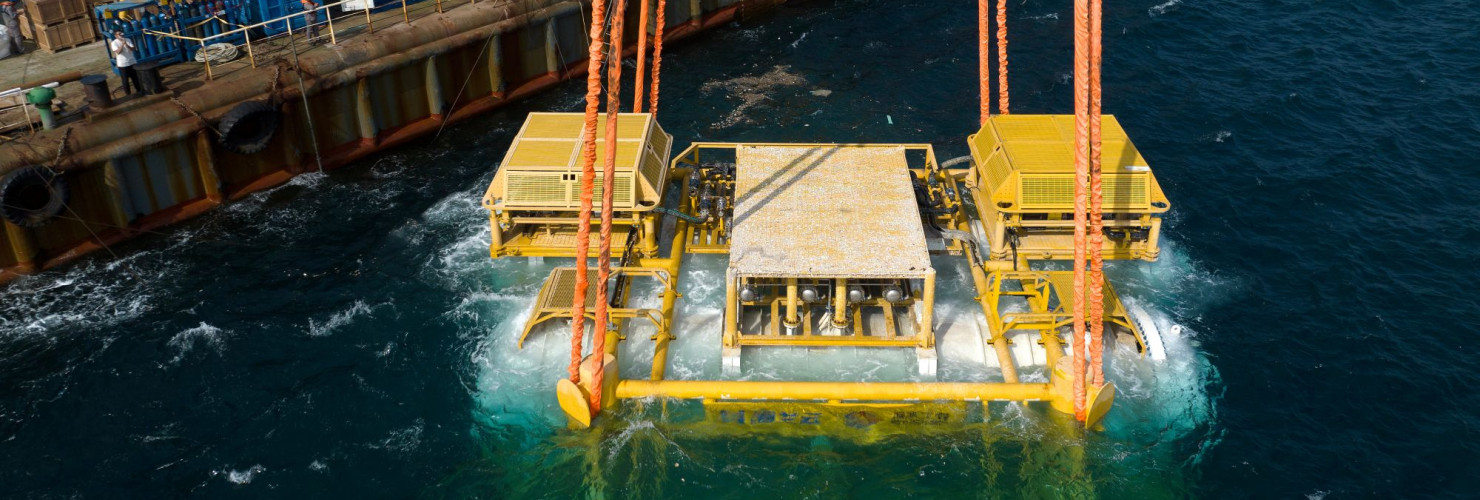 A drone photo taken on Feb. 18, 2025 shows Hainan's commercial underwater intelligent computing cluster being lowered into the sea near Lingshui Li Autonomous County in south China's Hainan Province