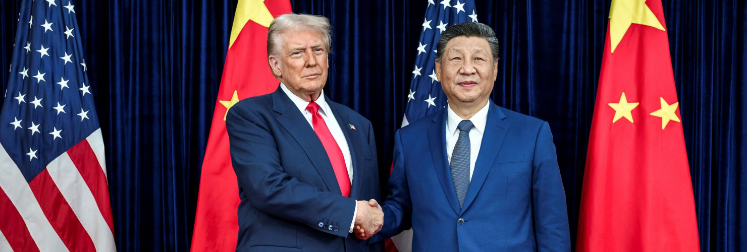 U.S. President Donald Trump, left, greets Chinese President Xi Jinping, right, before a bilateral meeting at Gimhae Air Base, October 30, 2025, in Busan, South Korea.