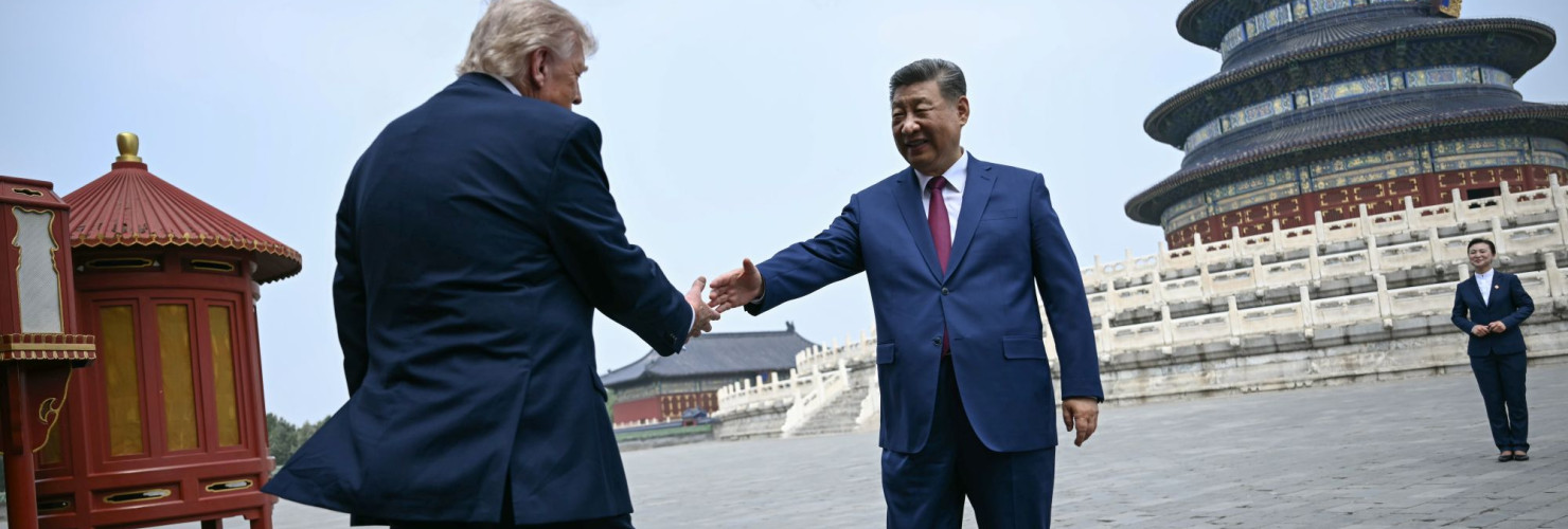 China's President Xi Jinping, right, and U.S. President Donald Trump shake hands at the Temple of Heaven in Beijing Thursday, May 14, 2026.