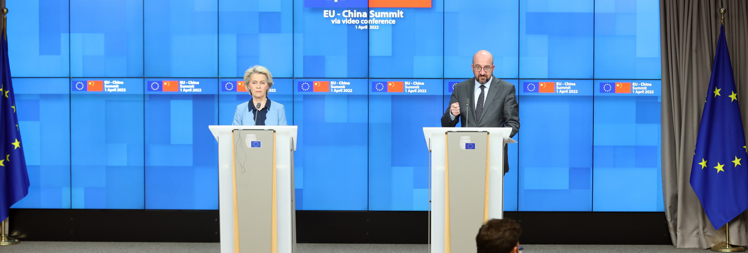 President of EU Council Charles Michel (R) and European Commission President Ursula von der Leyen (L) hold a joint press conference after the EU-China Summit held via videoconferencing in Brussel, Belgium on April 01, 2022. 