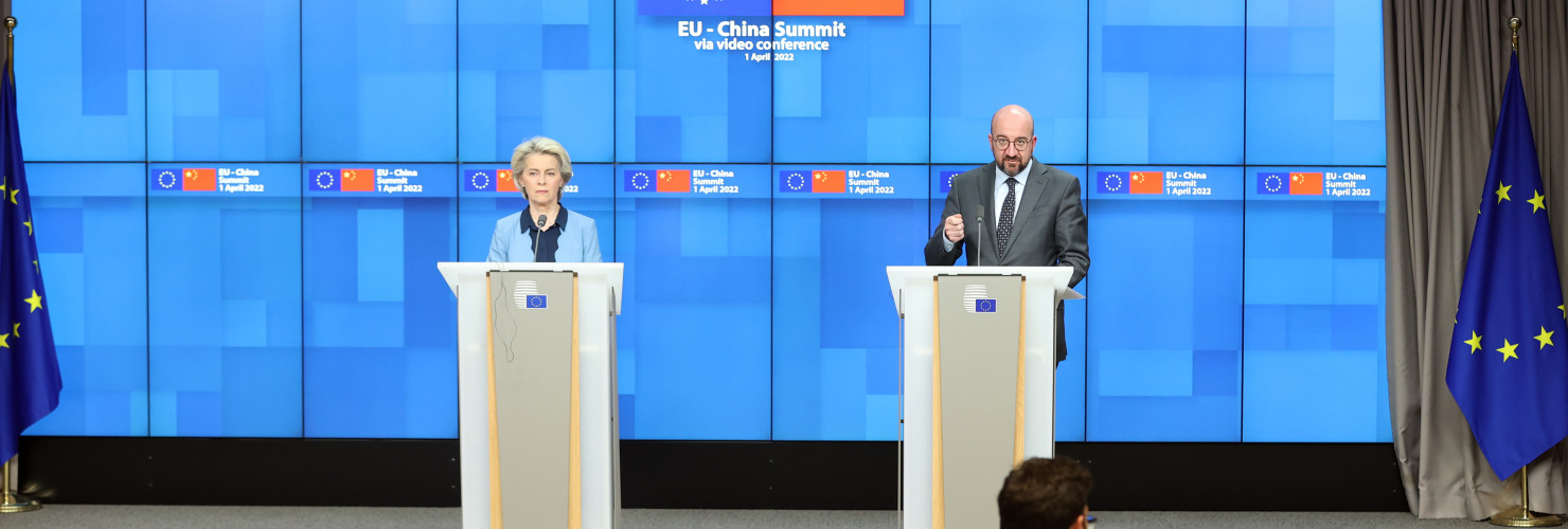 President of EU Council Charles Michel (R) and European Commission President Ursula von der Leyen (L) hold a joint press conference after the EU-China Summit held via videoconferencing in Brussel, Belgium on April 01, 2022.