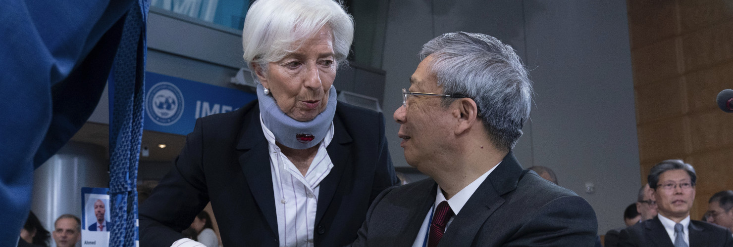 European Central Bank President Christine Lagarde speaks Governor of People's Bank of China (PBOC) Yi Gang 