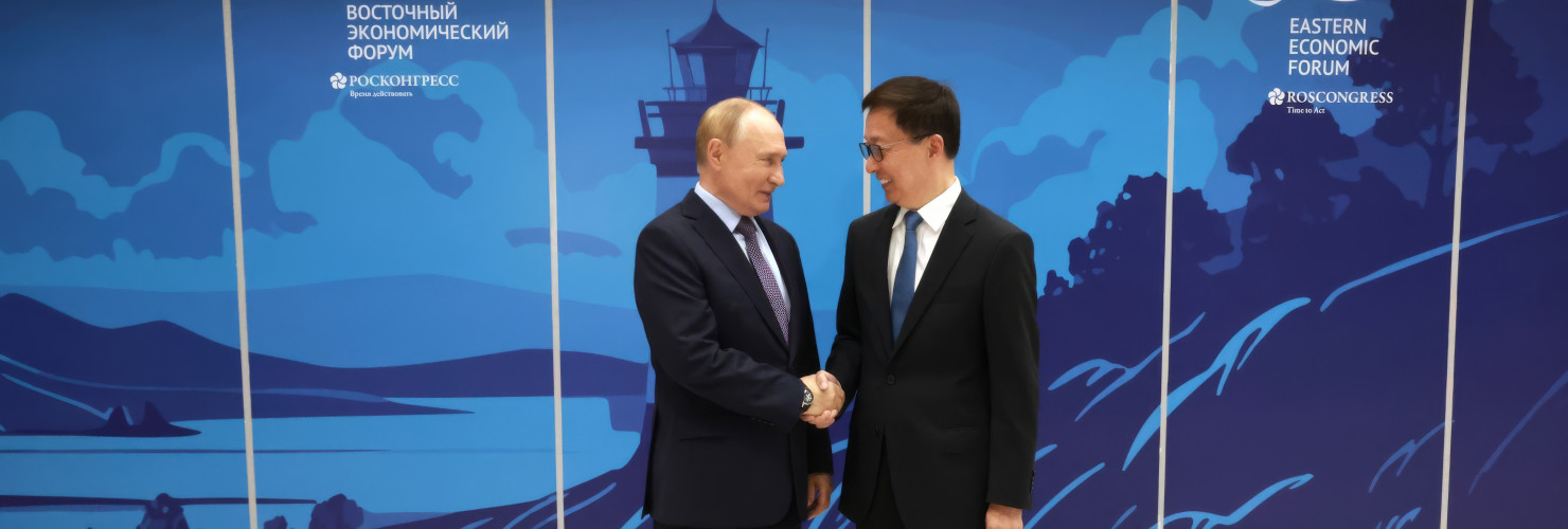 Russian President Vladimir Putin greets Chinese Vice President Han Zheng at the Eastern Economic Forum in Vladivostok, Russia on September 4, 2024