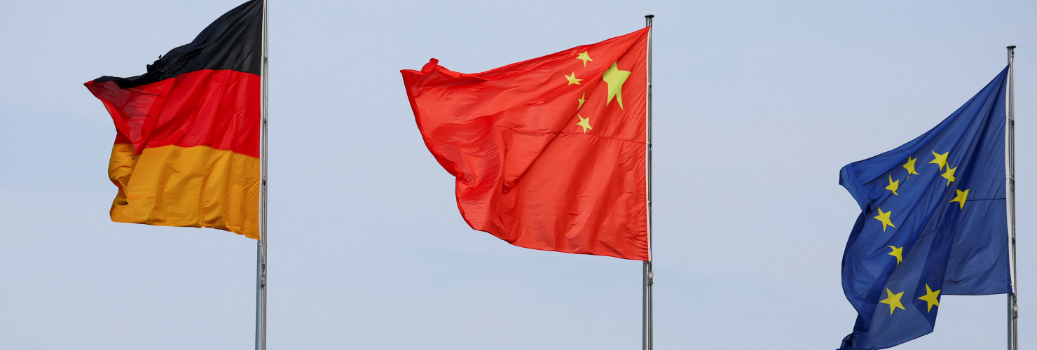 he flags of Germany, China and the European Union are seen ahead of a meeting between German Chancellor Olaf Scholz and Chinese Premier Li Qiang in Berlin, Germany, June 19, 2023. 