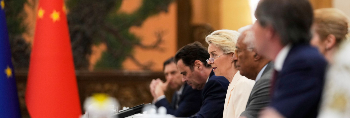 European Commission President Ursula von der Leyen, third right, attends during the opening remarks of the European Union - China Summit at the Great Hall of the People in Beijing, China