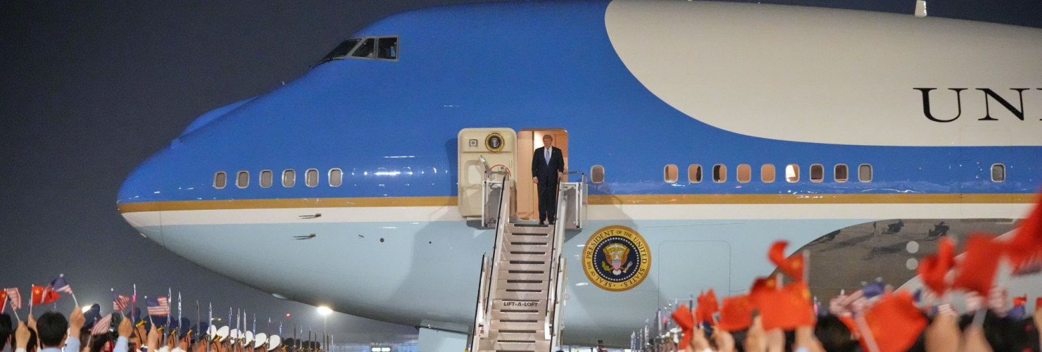 President Donald Trump arrives on Air Force One, Wednesday, May 13, 2026, at Beijing Capital International Airport in Beijing. (AP Photo/Mark Schiefelbein)