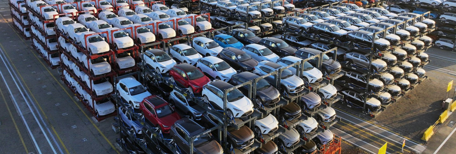 SUZHOU, CHINA - JANUARY 15, 2024 - A batch of cars are exported overseas at the Taicang Port terminal in Suzhou, Jiangsu province, China, Jan 15, 2024.