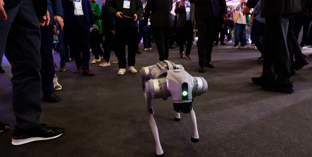 The Unitree Go2, a dog-inspired quadruped robot designed by the Chinese robotics company, is being showcased at the Mobile World Congress 2024 in Barcelona, Spain, on April 3, 2024.