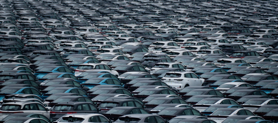 Aerial view of new cars waiting for transportation at the logistics center of CHANGAN Automobile in southwest China's Chongqing Municipality
