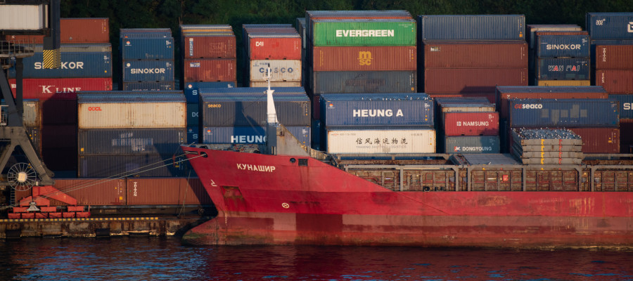 Shipping containers are being loaded onto container ships in the Vladivostok Sea Commercial Port.