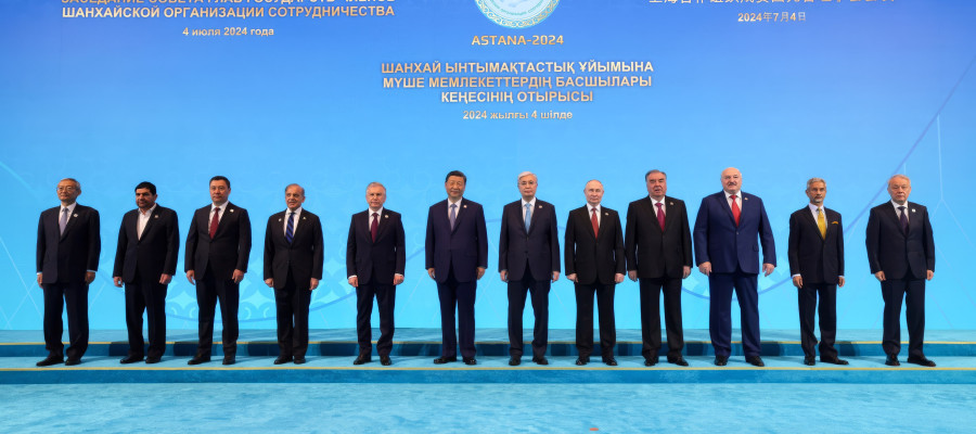 Heads of State stand for the group photo at the Shanghai Cooperation Organization Summit, July 4, 2024, in Astana, Kazakhstan.