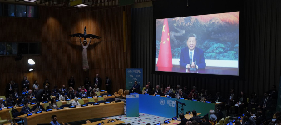 Chinese President Xi Jinping delivers a video speech to the United Nations Climate Summit 2025 held in New York on Sept. 24, 2025. 