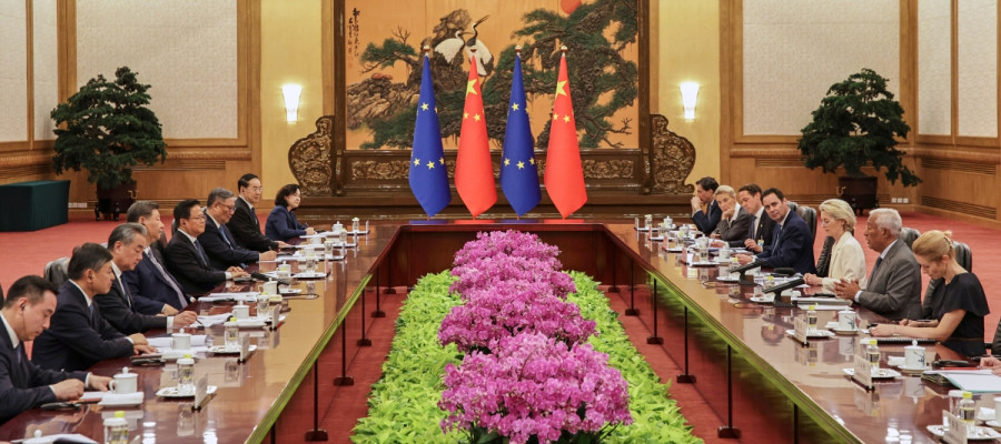 Chinese President Xi Jinping, fourth left, listens to European Council President António Costa, second right, in presence of European Commission President Ursula von der Leyen, third right, and European Union’s foreign policy chief, Kaja Kallas during the opening remarks of the European Union-China Summit in Beijing, China, Thursday, July 24, 2025.