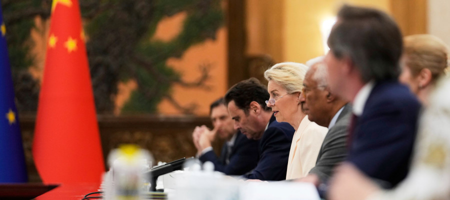 European Commission President Ursula von der Leyen, third right, attends during the opening remarks of the European Union - China Summit at the Great Hall of the People in Beijing, China