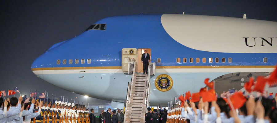 President Donald Trump arrives on Air Force One, Wednesday, May 13, 2026, at Beijing Capital International Airport in Beijing. (AP Photo/Mark Schiefelbein)