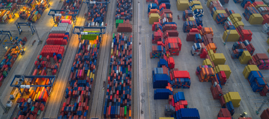 Containers piled up at the container terminal of Longtan Port Area, Nanjing Port, Nanjing City, Jiangsu Province, China