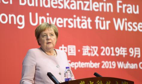 German chancellor Angela Merkel gives a speech at the Wuhan University of Science and Technology in Wuhan, Hubei province, on September 7, 2019. Source: ImagineChina.