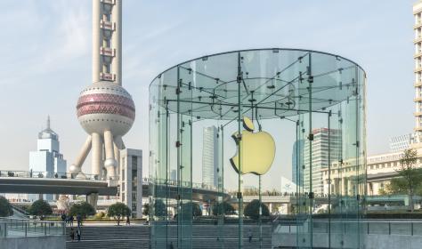 The Apple Store in front of the Oriental Pearl TV Tower in the Lujiazui Financial District, Shanghai. 