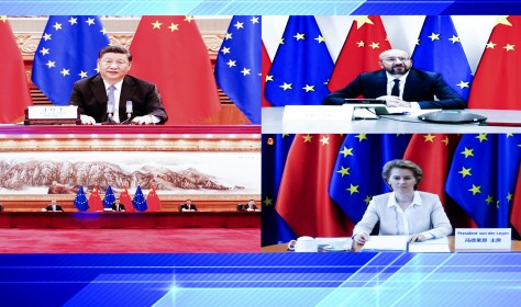 President of the European Council Charles Michel and President of the European Commission Ursula von der Leyen meet Chinese President Xi Jinping via video link on 22 June 2020.