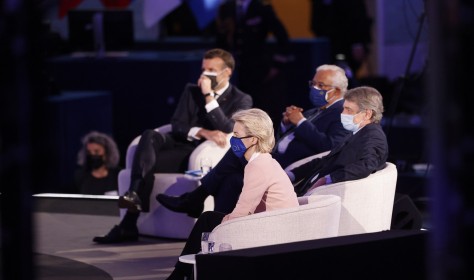 uropean Commission President Ursula von der Leyen , European Parliament President David Sassoli , Portugal's Prime Minister Antonio Costa and French President Emmanuel Macron listen to speeches during the Future of Europe conference at the European Parliament in Strasbourg