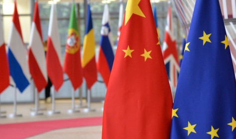 European Union and Chinese flags are pictured during a EU-China summit in Brussels, Belgium.